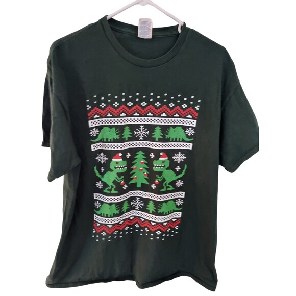 Dino-mas Shirt - Delta Pro Weight Men's Large Green T-Shirt Christmas Dinosaur - Picture 1 of 9
